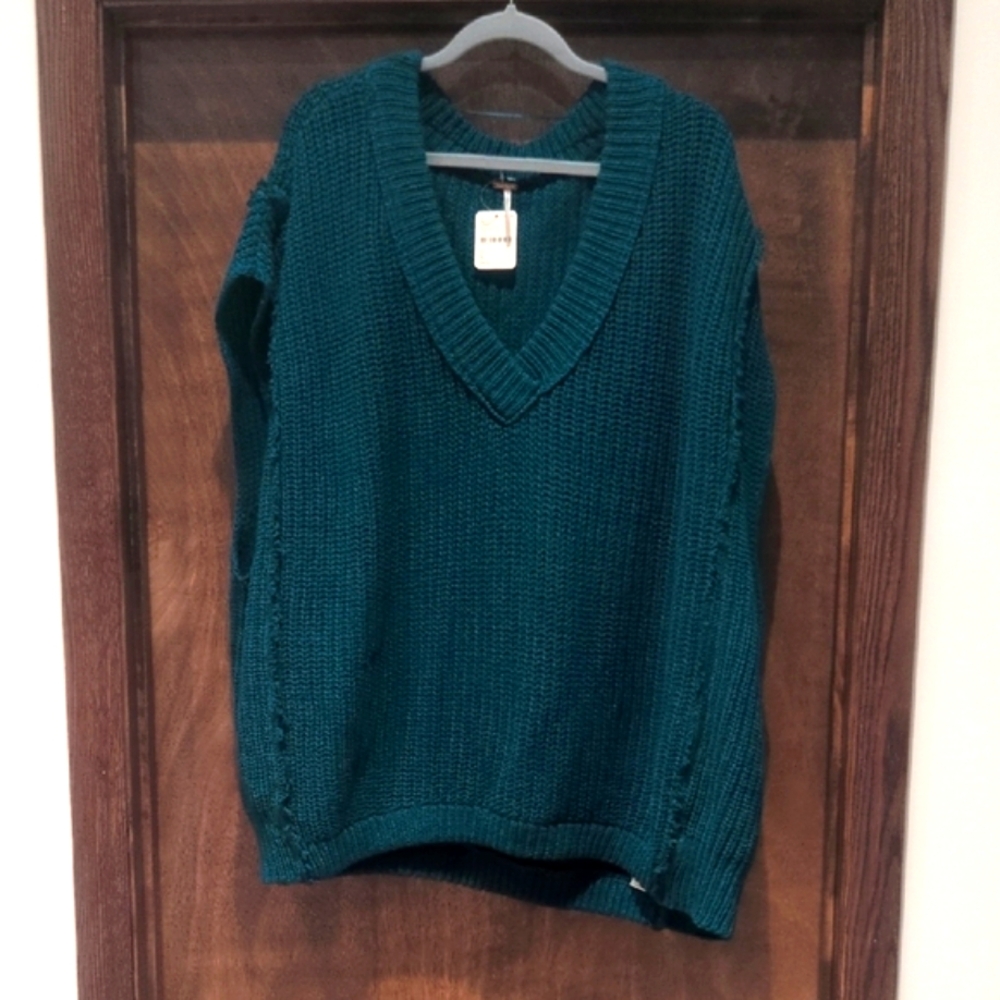 Free People Teal V-Neck Knit Sweater
